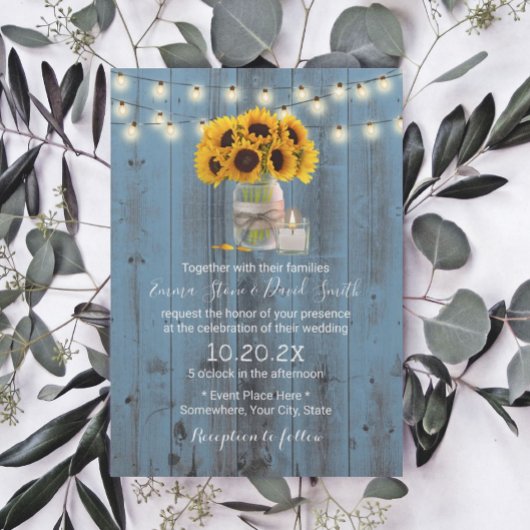 Invitation Sunflower Floral Jar Dusty Blue Barn Mariage en bo