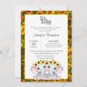 Invitation Sunflower Girls Twin Elephant Baby shower (Devant)