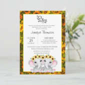 Invitation Sunflower Girls Twin Elephant Baby shower (Debout devant)