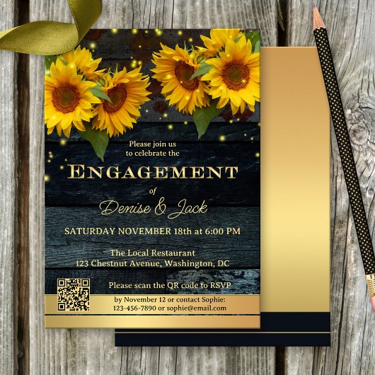 Invitation Sunflower Gold Green Rustic Fiançailles