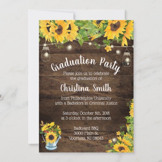 Invitation Sunflower Graduation Party - Country Rustic (Devant)