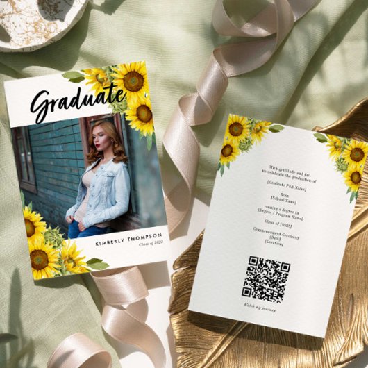 Invitation Sunflower Graduation Photo Rustic Floral QR Code