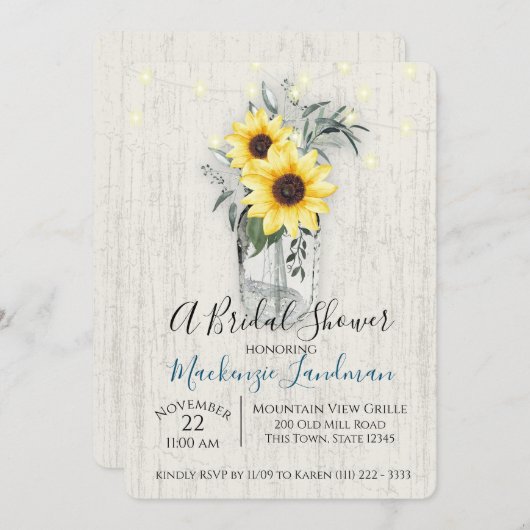Invitation Sunflower Jar et String Lights Russe Mariage (Devant / Derrière)