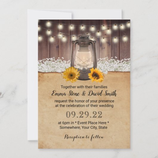 Invitation Sunflower Lantern Baby Respire Rustique Mariage (Devant)