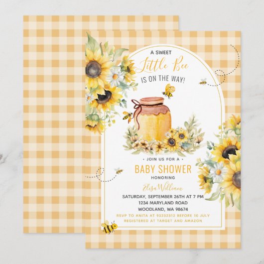 Invitation Sunflower Little Bee se trouve sur le Baby shower  (Devant / Derrière)