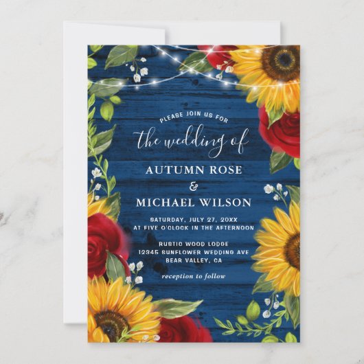 Invitation Sunflower Marine bleu Rose rouge Russe Mariage en (Devant)
