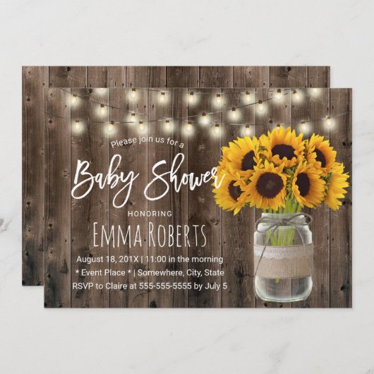 Invitation Sunflower Mason Jar Baby shower rustique en bois (Devant / Derrière)