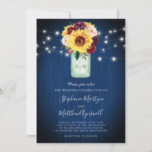 Invitation Sunflower Mason Jar Blue Wood Lights Mariage (Devant)