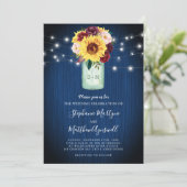 Invitation Sunflower Mason Jar Blue Wood Lights Mariage (Debout devant)