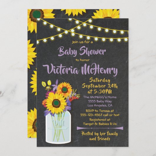 Invitation Sunflower Mason Jar Chalkboard Baby shower (Devant / Derrière)