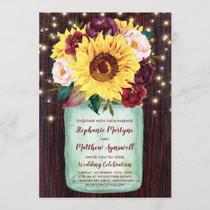 Invitation Sunflower Mason Jar Lights Burgundy Floral Mariage