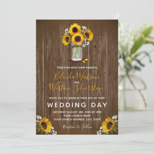 Invitation Sunflower Mason Jar Rustic Barne Mariage en bois I (Debout devant)