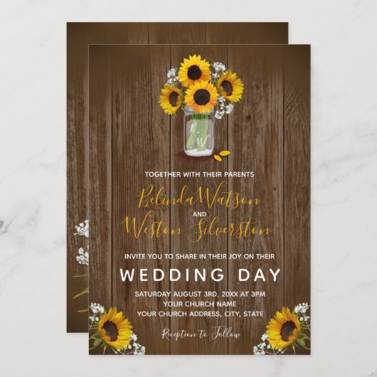 Invitation Sunflower Mason Jar Rustic Barne Mariage en bois I (Devant / Derrière)
