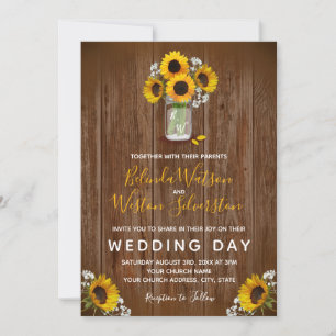 Invitation Sunflower Mason Jar Rustic Barne Mariage en bois I