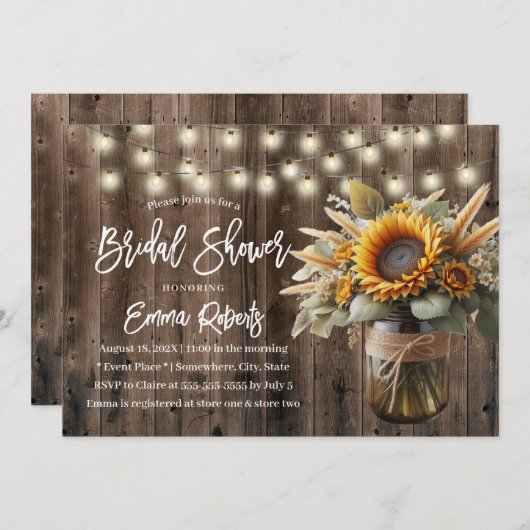 Invitation Sunflower Mason Jar Rustic Mariage Fête des mariée (Devant / Derrière)