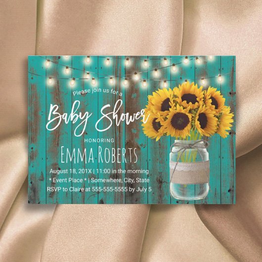 Invitation Sunflower Mason Jar Rustic Turquoise Baby shower d