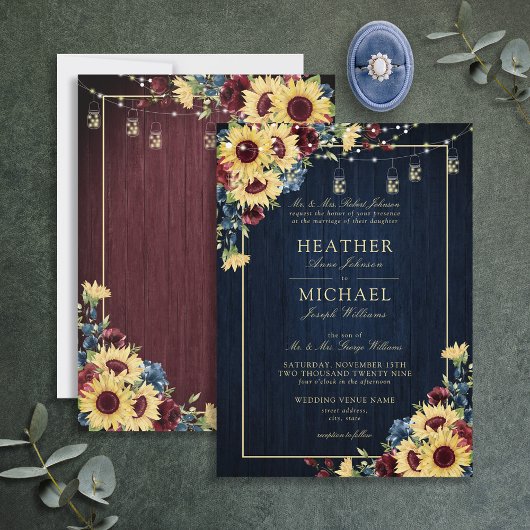 Invitation Sunflower Navy Bleu Bourgogne Bois Floral Mariage