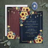 Invitation Sunflower Navy Bleu Bourgogne Bois Mariage Floral