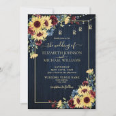Invitation Sunflower Navy Bleu Bourgogne Bois Mariage Floral (Devant)