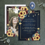 Invitation Sunflower Navy Blue Burgundy Wood Floral Photo<br><div class="desc">Create the perfect wedding invitation with this traditional formal sunflower, navy blue and burgundy watercolor floral designs, burgundy and navy blue wood backgrounds, sweet string lights and hand lettered script typography. The back of the invitation features your favorite engagement photo. Contact designer for matching products. Thank you sooo much for...</div>