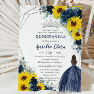 Invitation Sunflower Navy Blue Floral Princess Quinceañera