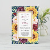 Invitation Sunflower Navy Blue Gold Burgundy Floral Mariage (Debout devant)