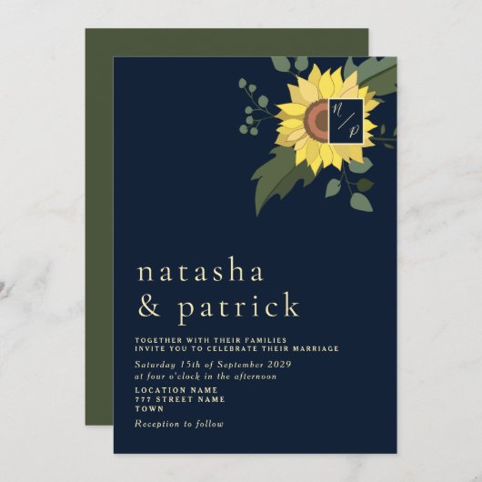 Invitation Sunflower Navy Blue Gold Mariage moderne Invitatio