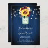 Invitation Sunflower Navy Blue Mason Jar Lumières Mariage (Devant / Derrière)