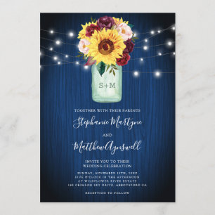 Invitation Sunflower Navy Blue Mason Jar Lumières Mariage