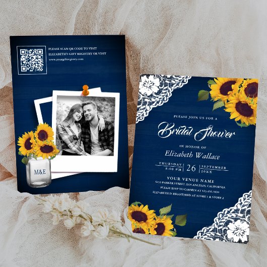 Invitation Sunflower Navy Blue Photo QR Code Fête des mariées