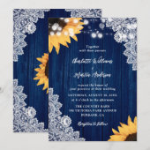 Invitation Sunflower Navy Blue Wood Lace (Devant / Derrière)