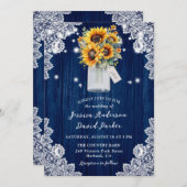 Invitation Sunflower Navy Blue Wood Lace Mason Jar Mariage (Devant / Derrière)