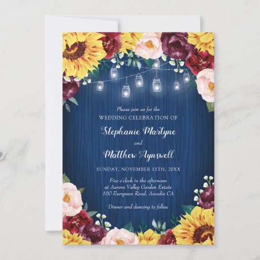 Invitation Sunflower Navy Mason Jars Floral Mariage (Devant)