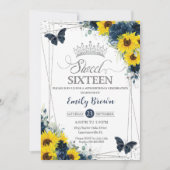 Invitation Sunflower Navy Papillons floraux Silver Sweet 16 (Devant)