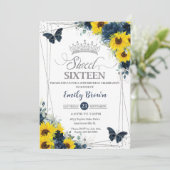 Invitation Sunflower Navy Papillons floraux Silver Sweet 16 (Debout devant)
