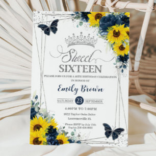 Invitation Sunflower Navy Papillons floraux Silver Sweet 16
