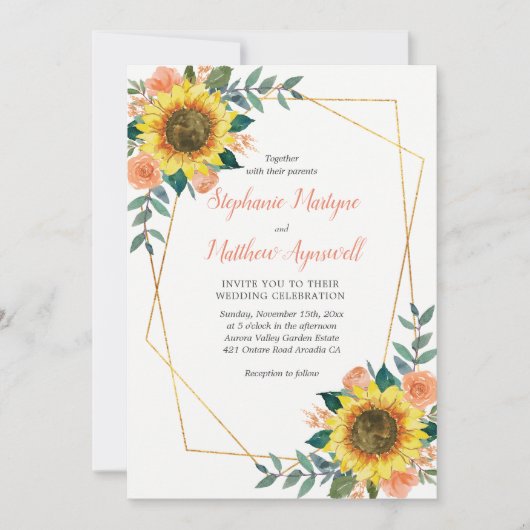 Invitation Sunflower Peach Rose moderne Mariage géométrique (Devant)