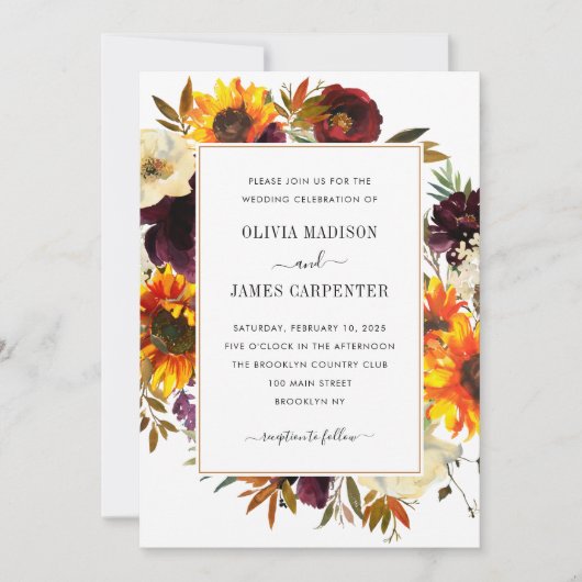 Invitation Sunflower Peony Bourgogne Rouge violet Mariage Flo (Devant)