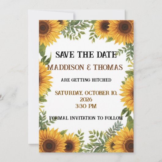 Invitation Sunflower Personalised Wedding Save The Date Card (Devant)
