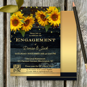 Invitation Sunflower QR Code Gold Rustic Fiançailles