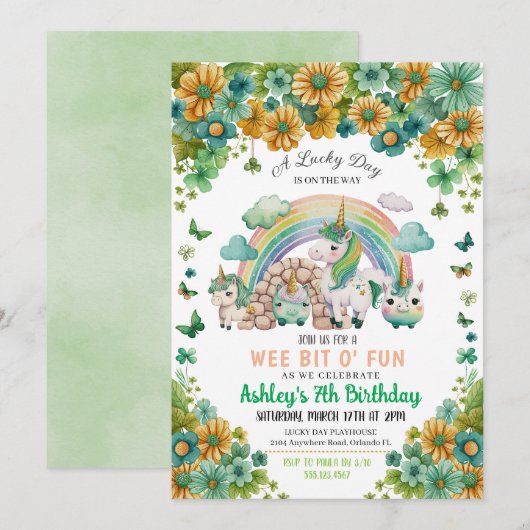 Invitation Sunflower Rainbow Unicorn St. Patrick's Birthday (Devant / Derrière)