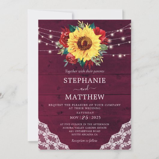Invitation Sunflower Red Rose dentelle Bourgogne Mariage en b (Devant)