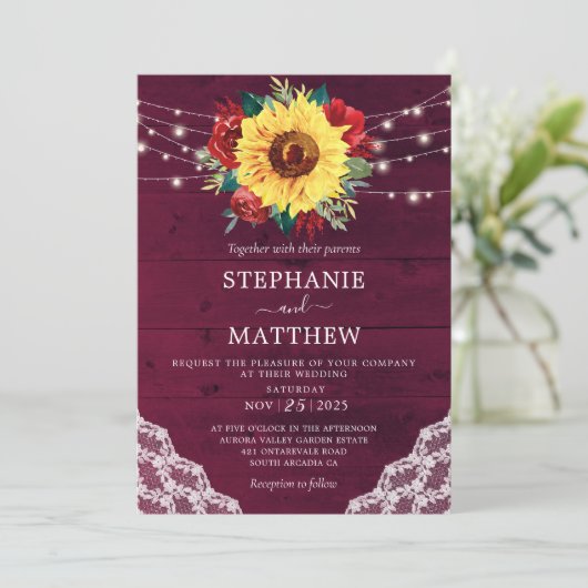 Invitation Sunflower Red Rose dentelle Bourgogne Mariage en b (Debout devant)