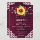Invitation Sunflower Red Rose dentelle Bourgogne Mariage en b (Devant / Derrière)