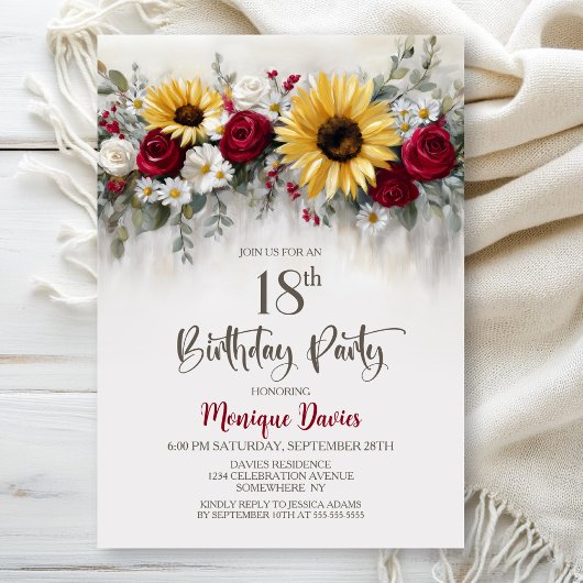 Invitation Sunflower Red Rose Floral 18th Birthday Party