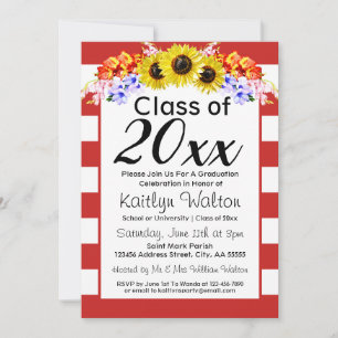 Invitation Sunflower Red Stripe Gradupe Party
