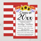 Invitation Sunflower Red Stripe Gradupe Party (Devant / Derrière)