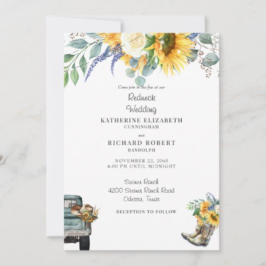 Invitation Sunflower Redneck Mariage Cowboy Bottes et Casquet (Devant)