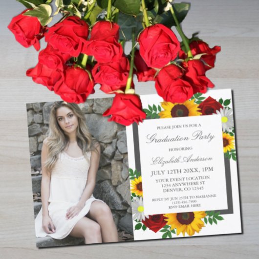 Invitation Sunflower Rose Daisy Floral Graduation Party