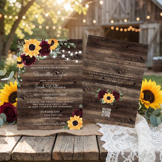 Invitation Sunflower Roses Barn QR Code Wedding